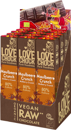 Lovechock Riegel: Zartbitterschokolade mit Maulbeeren und Knusper aus getrockneten Dattelstückchen